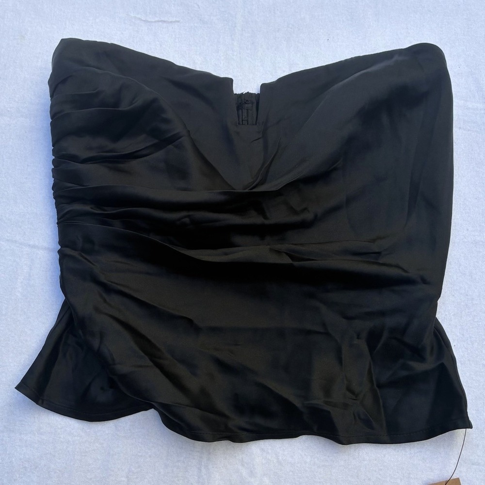 NWT Reformation 100% Silk Satin Strapless Tube Top Size 6 Black Ruched Peplum
